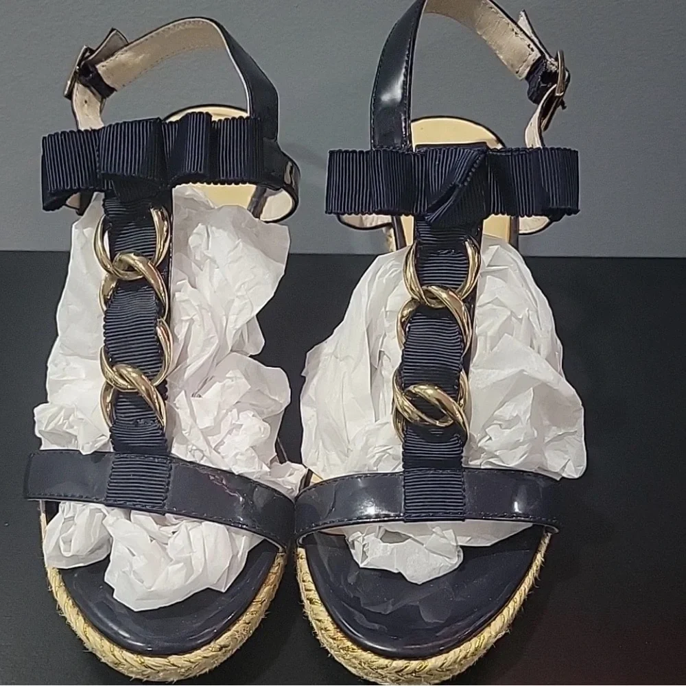 UEC KATE SPADE PATENT NAVY BLUE 3.5” WEDGE ESPADRILLE GOLD HARDWARE SZ 9 PERFECT